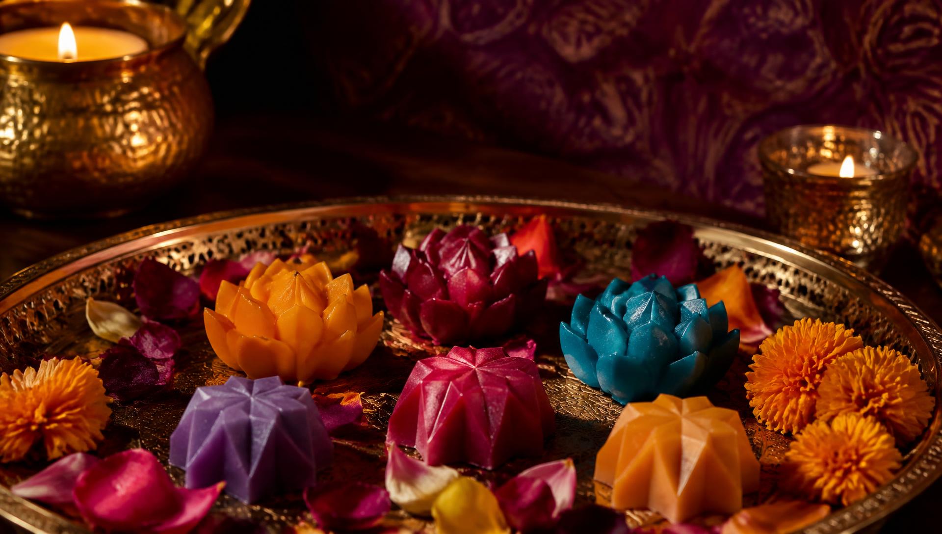 Jewel-coloured lotus wax melts on a brass tray with marigolds